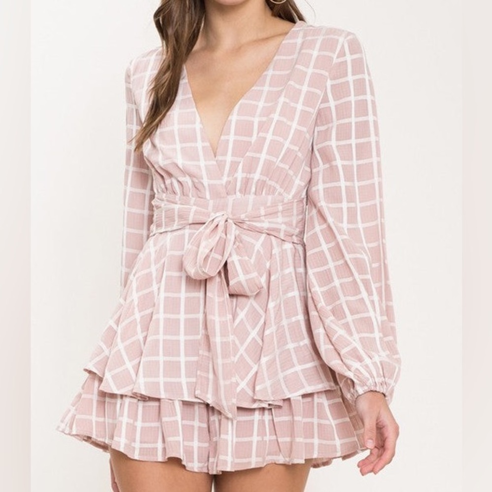 Goodnight Macaroon Romper Ruffle Dusty Pink Checkered Checked Long Sleeve